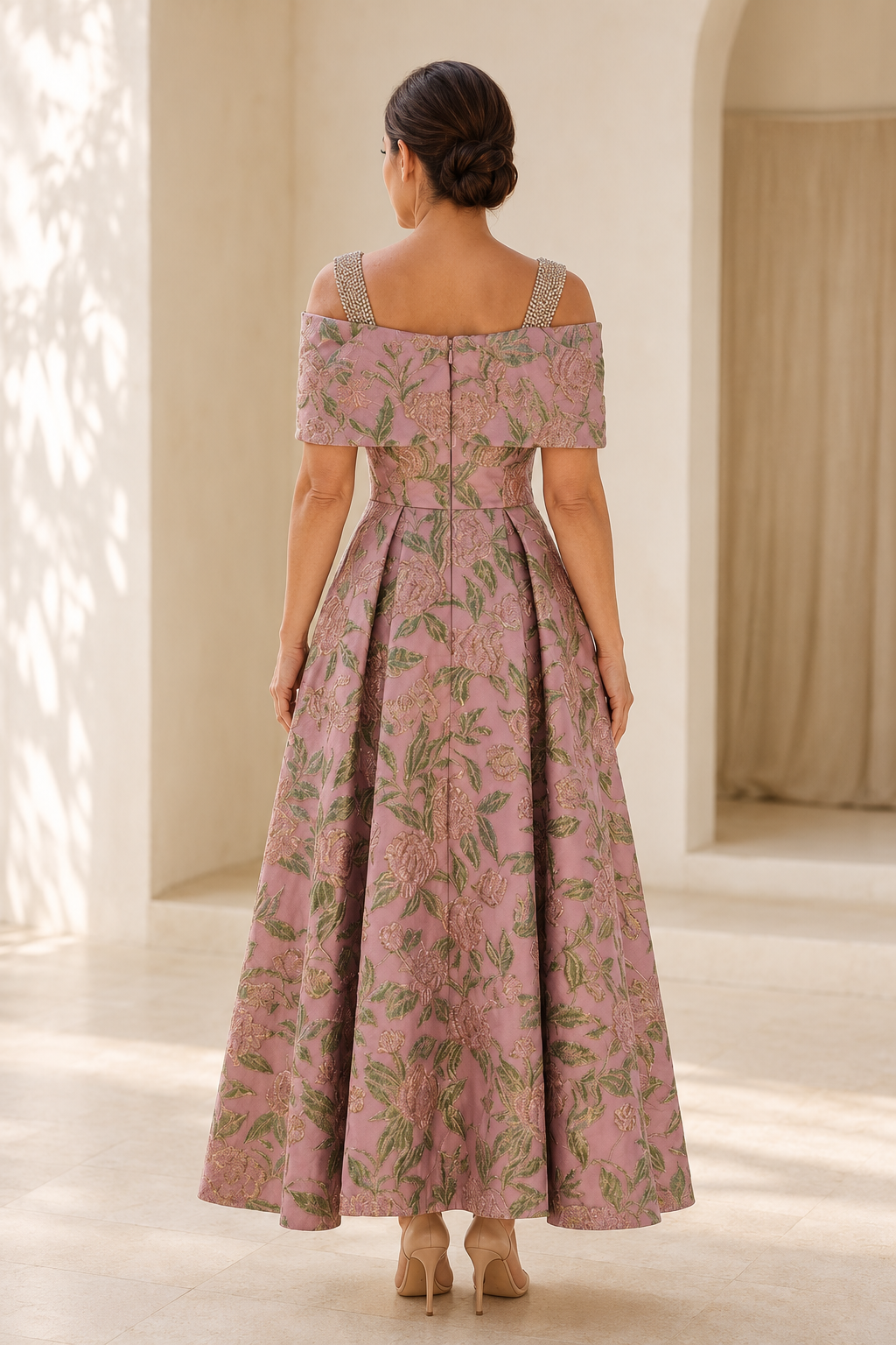 Blumen-Jacquard-Abendkleid mit Carmen-Ausschnitt in A-Linie