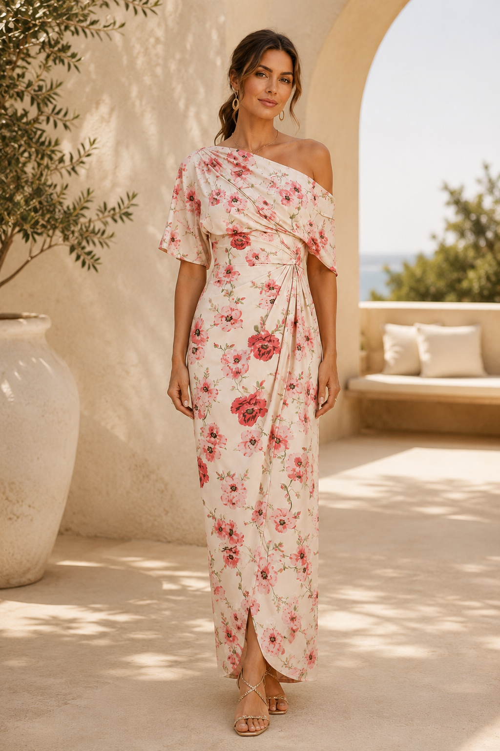 One-Shoulder Maxikleid mit Blumendrapierung