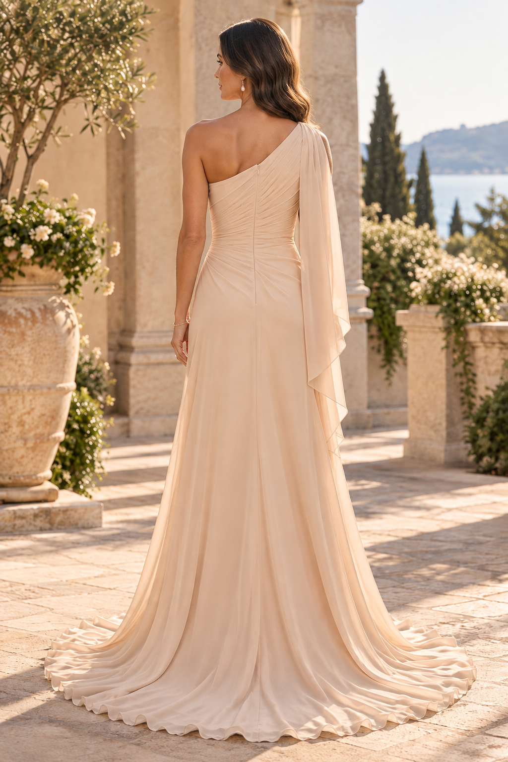 One-Shoulder Ruched Chiffon Gown with Lace Applique