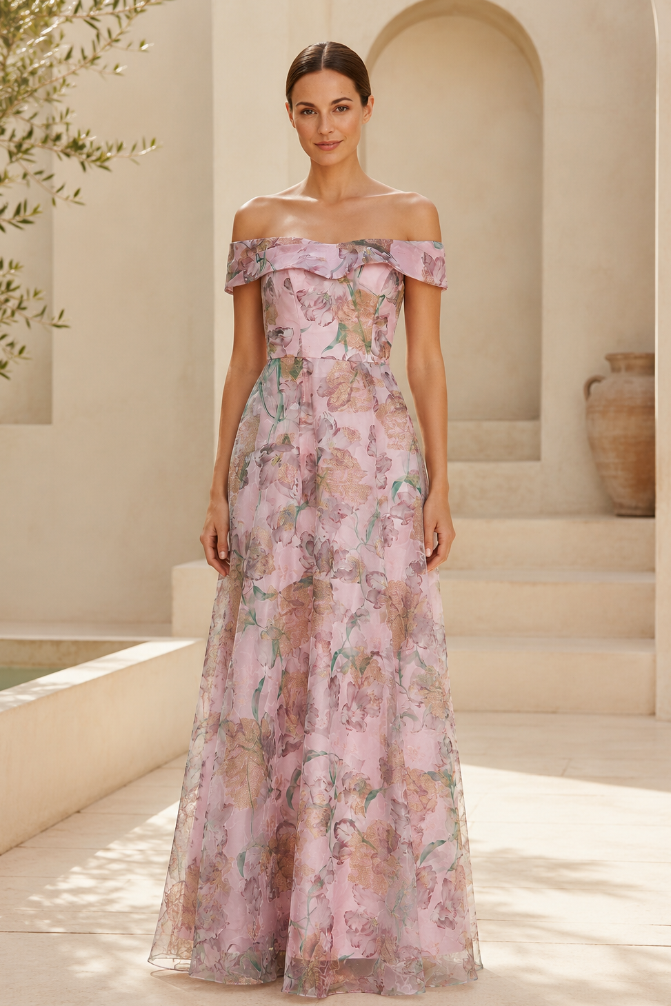 Ärmelloses Abendkleid in A-Linie mit Blumenmuster