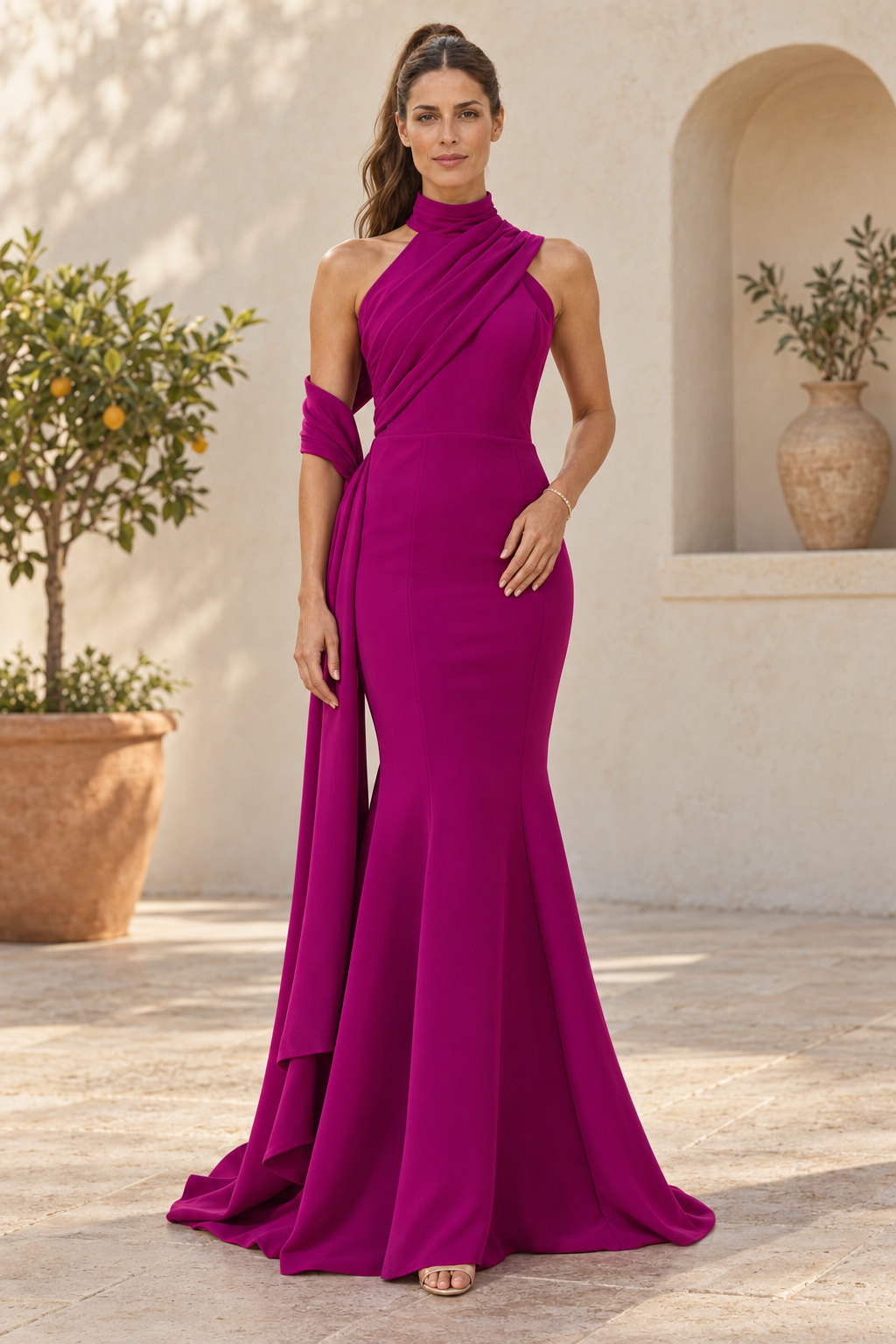 High-Neck Mermaid Gown with Pleated Bodice & Arm Sash