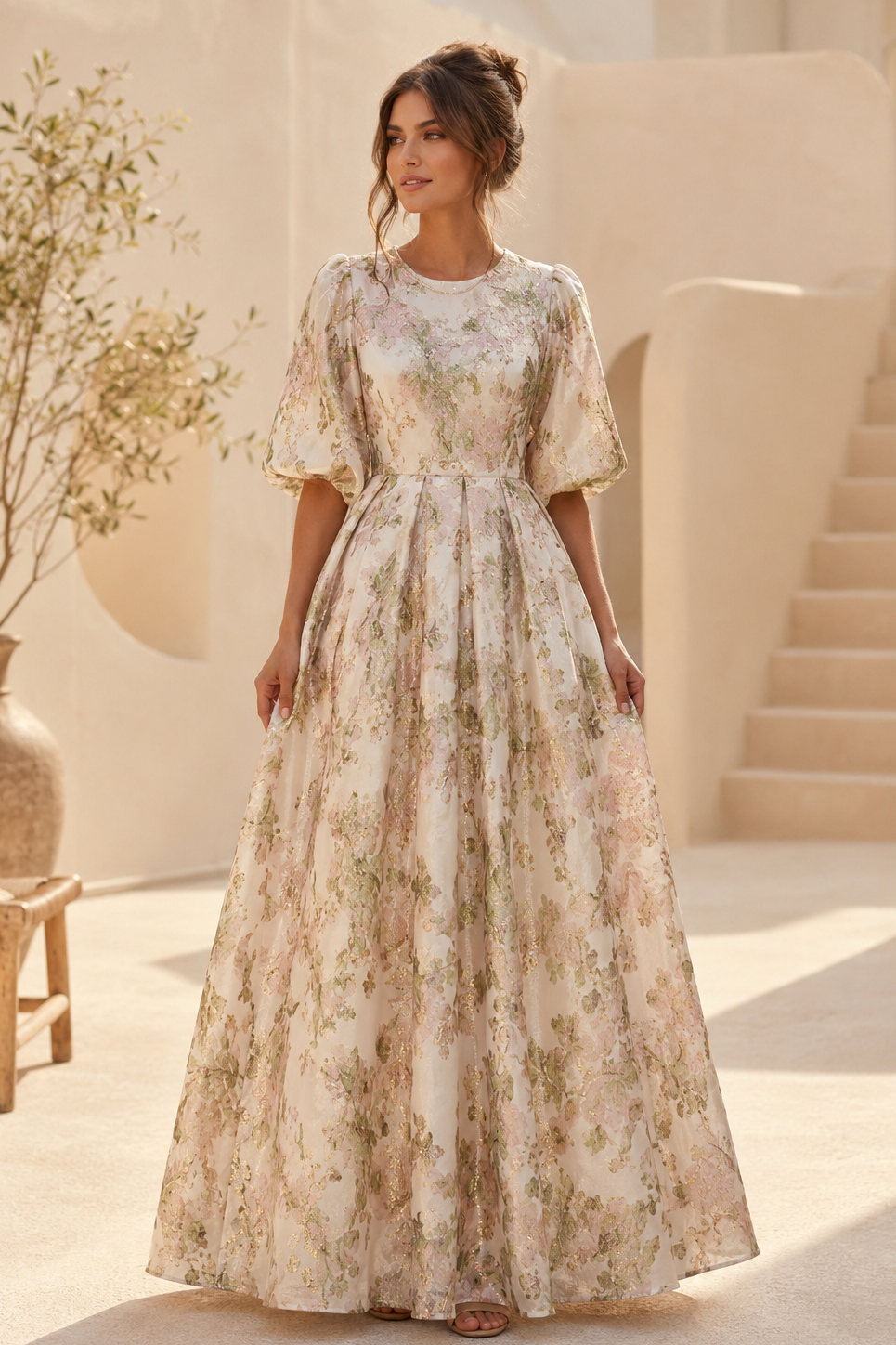 Geblümtes Jacquard A-Linien Maxikleid mit Ellenbogenärmeln