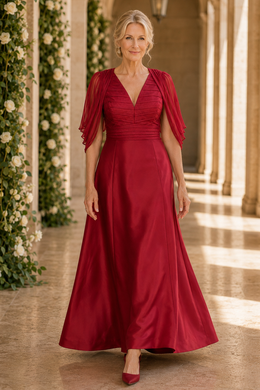 A-Linien-Kleid mit gerafftem Oberteil und Cape-Ärmeln