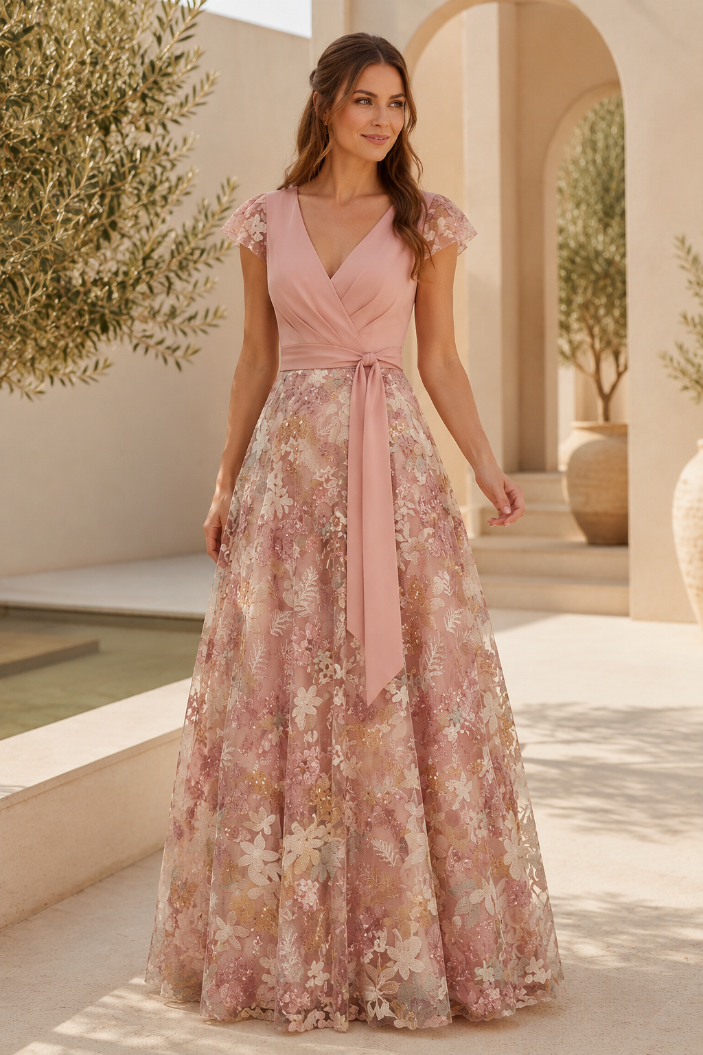 Abendkleid aus Spitze mit V-Ausschnitt, A-Linie und Schärpe