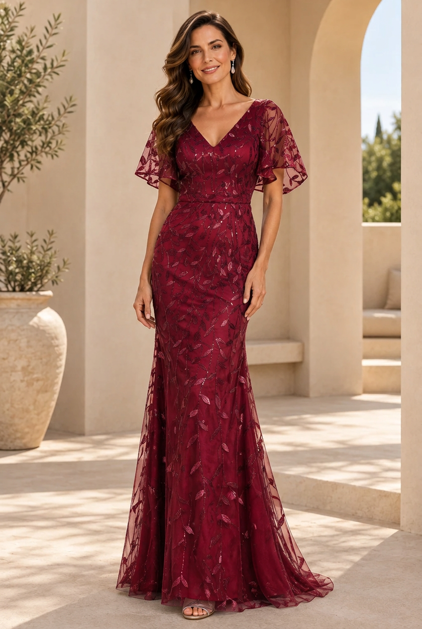 Sequin Embroidered Flutter Sleeve Evening Gown