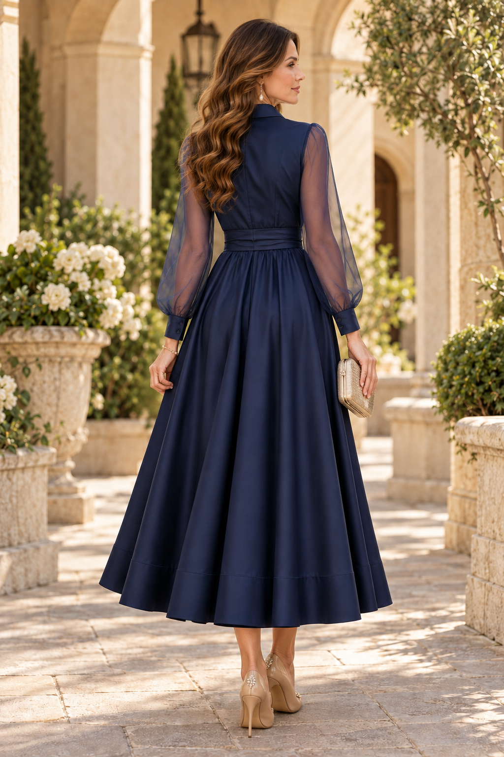 Sheer Long Sleeve Pleated A-Line Shirt Dress