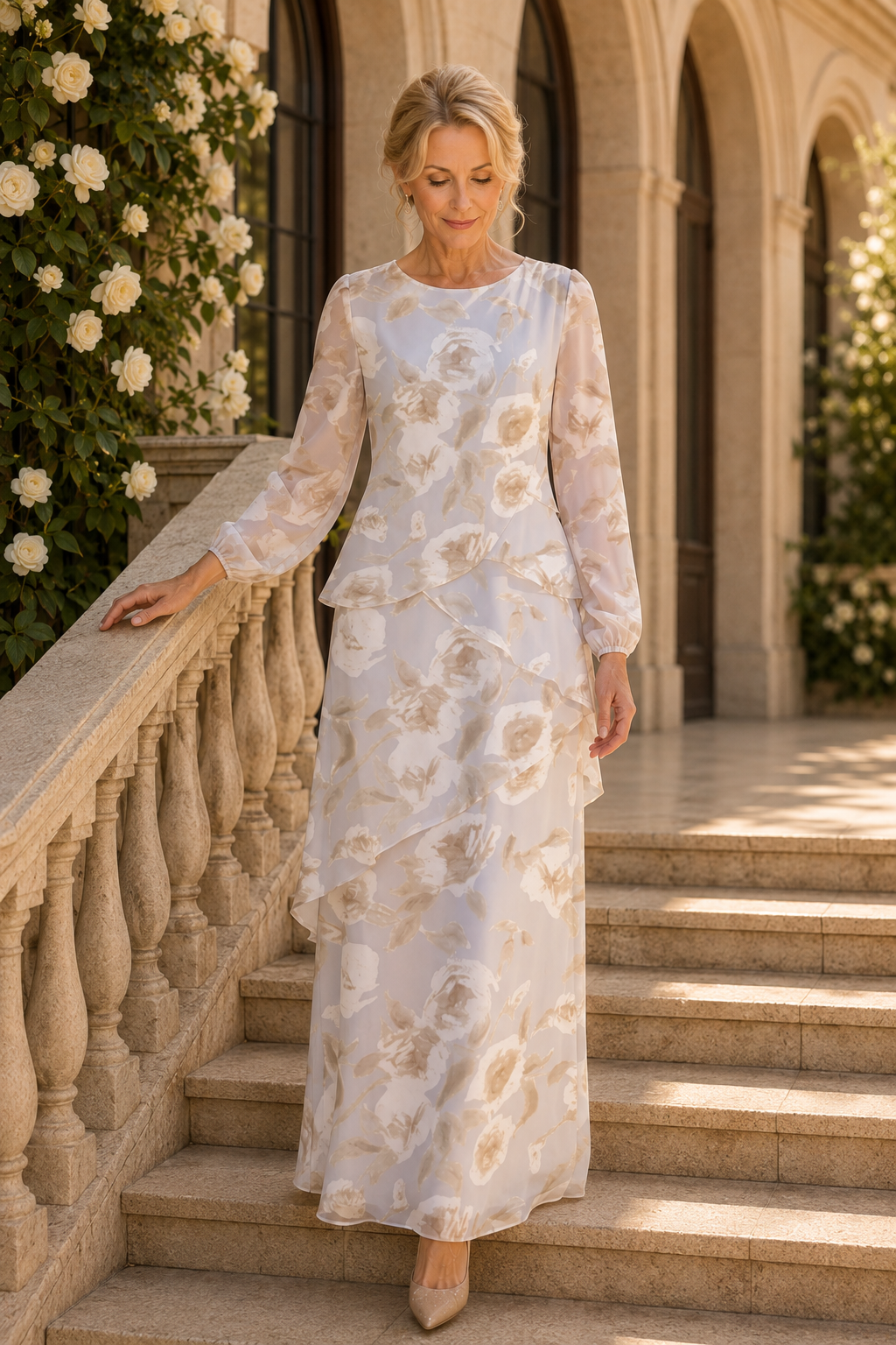 Geblümtes Maxi-Stufenkleid mit langen Ärmeln
