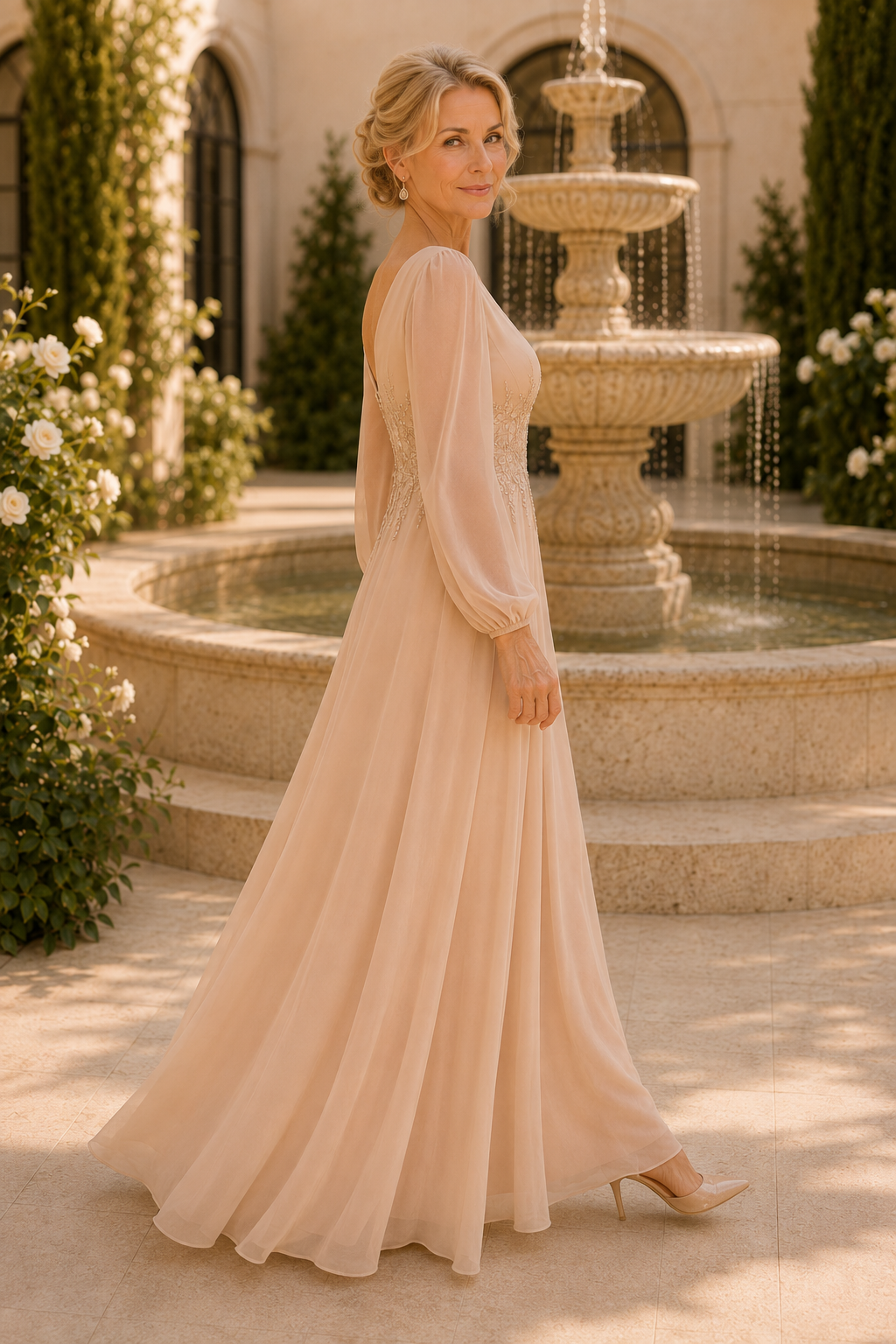 A-Linien-Chiffonkleid mit langen Bischofsärmeln