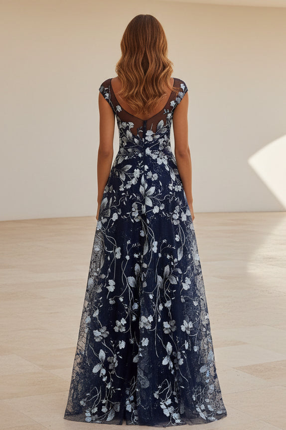 Ärmelloses Abendkleid in A-Linie mit Blumenmuster und Illusionseffekt