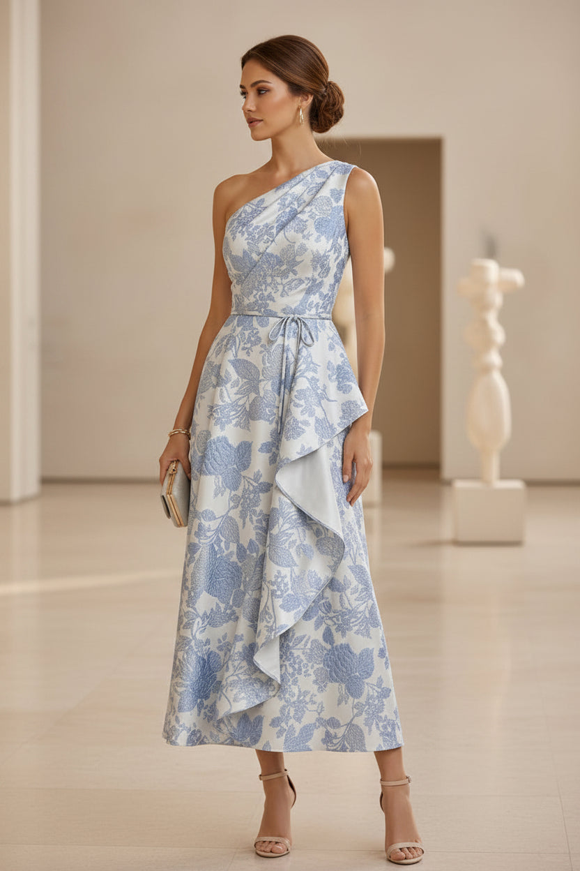 Blumen-Jacquard-Midikleid mit One-Shoulder-Träger und Rüschen