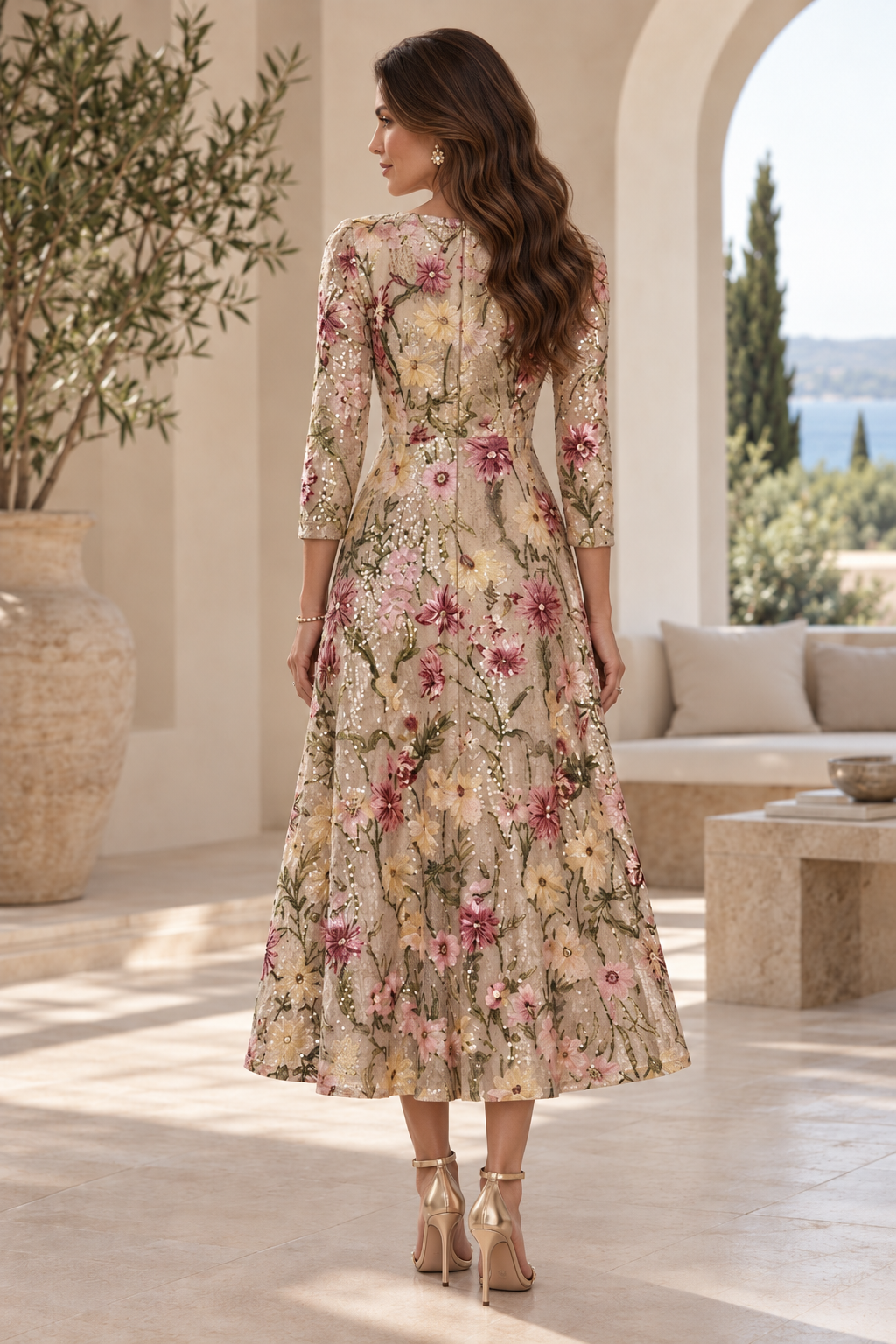 Floral Sequin Embroidered 3/4 Sleeve A-Line Midi Dress