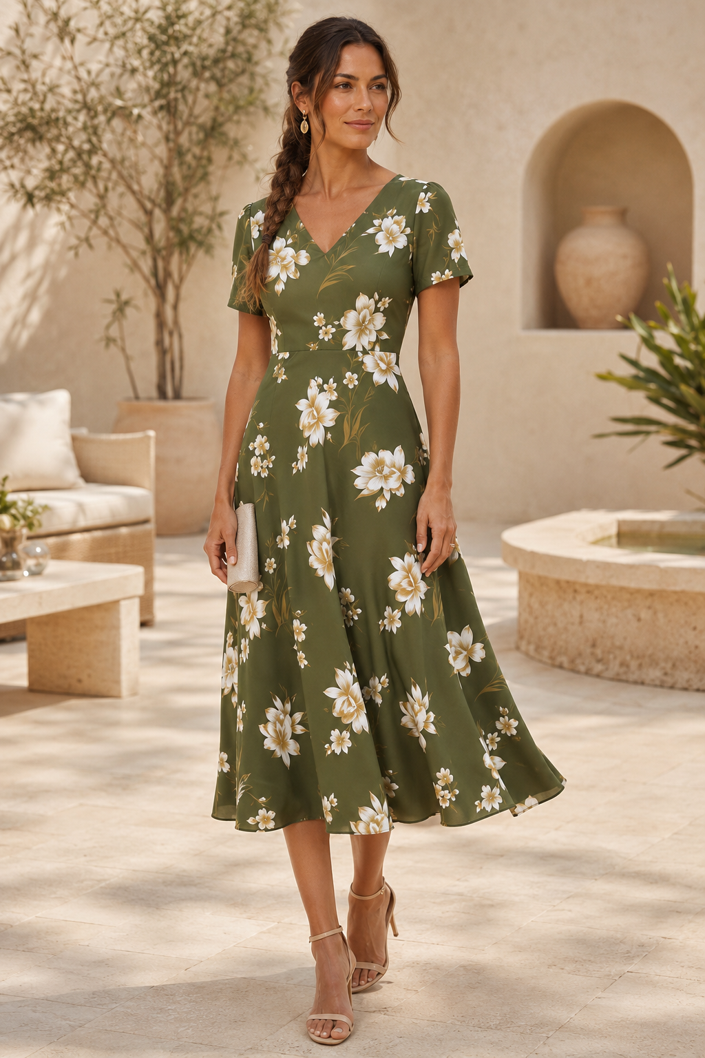 Geblümtes V-Ausschnitt Kurzarm-Midikleid