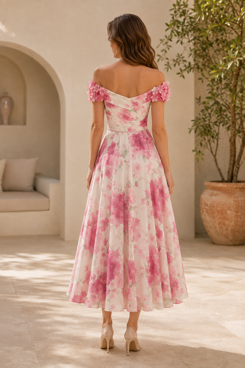 Geblümtes schulterfreies A-Linien-Kleid in Teelänge