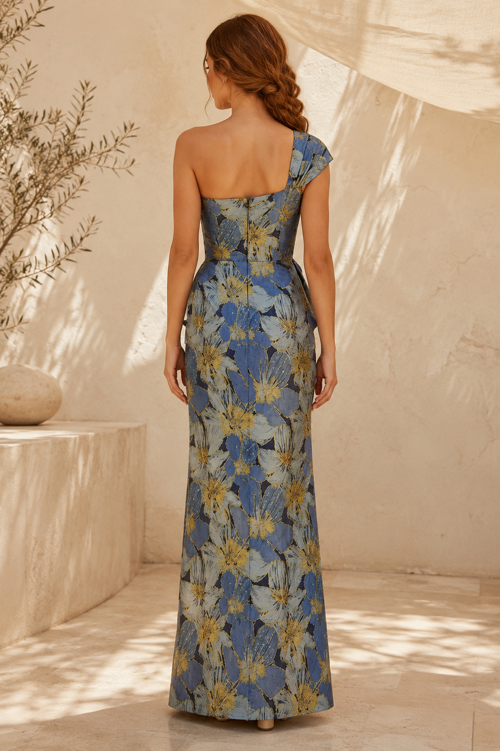 Blütenbesetztes Jacquard-Kleid mit One-Shoulder-Design und Taillenband