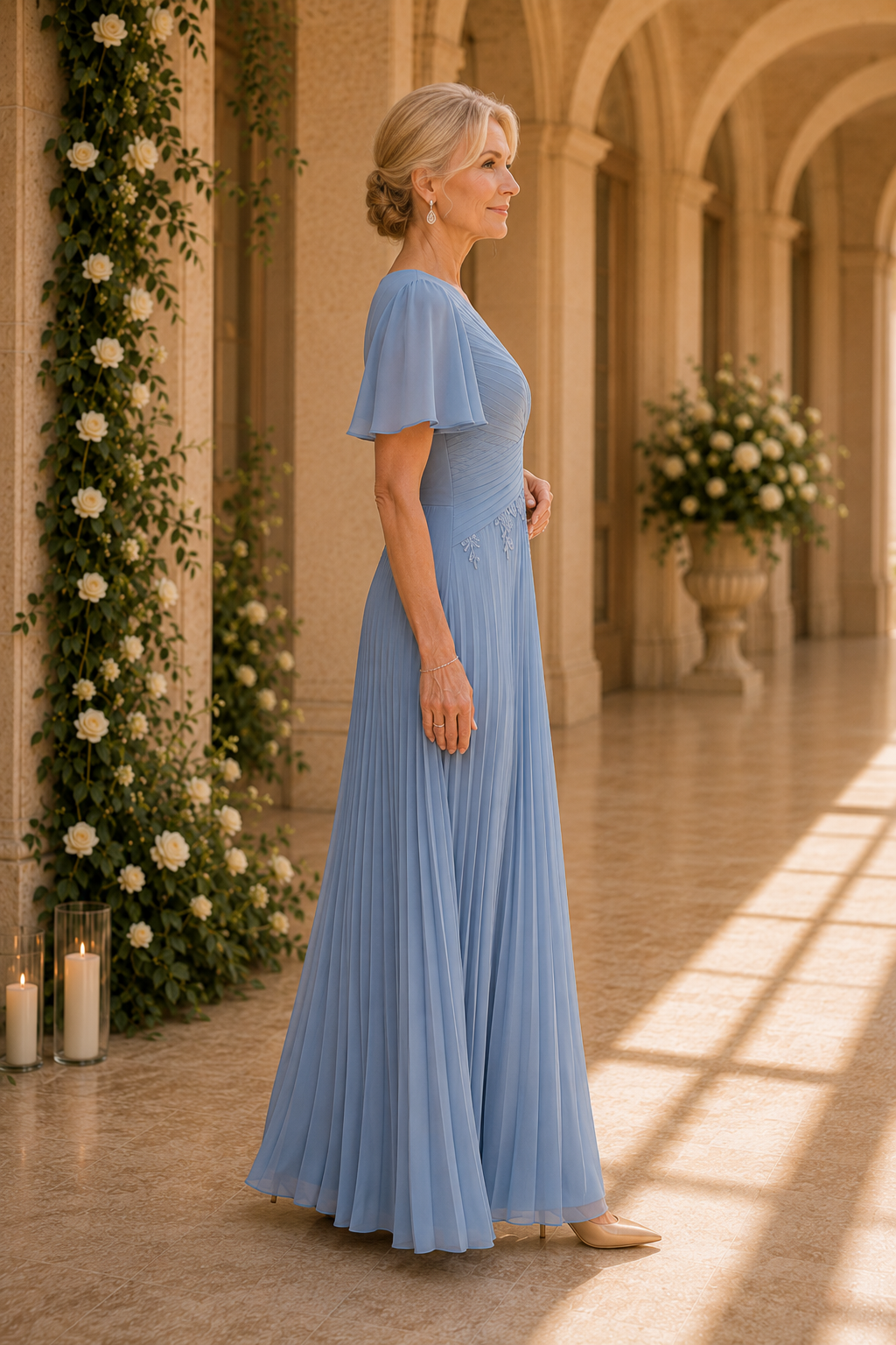 Plissiertes Chiffon-A-Linien-Kleid mit Flatterärmeln