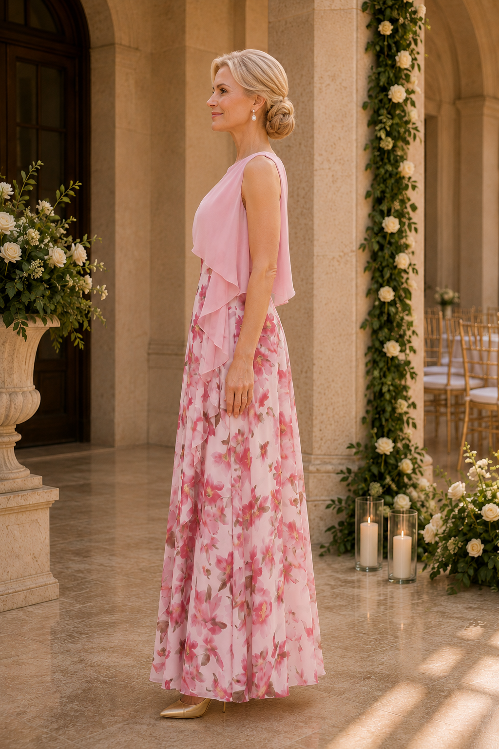 Geblümtes Chiffon A-Linien-Kleid mit drapiertem Oberteil