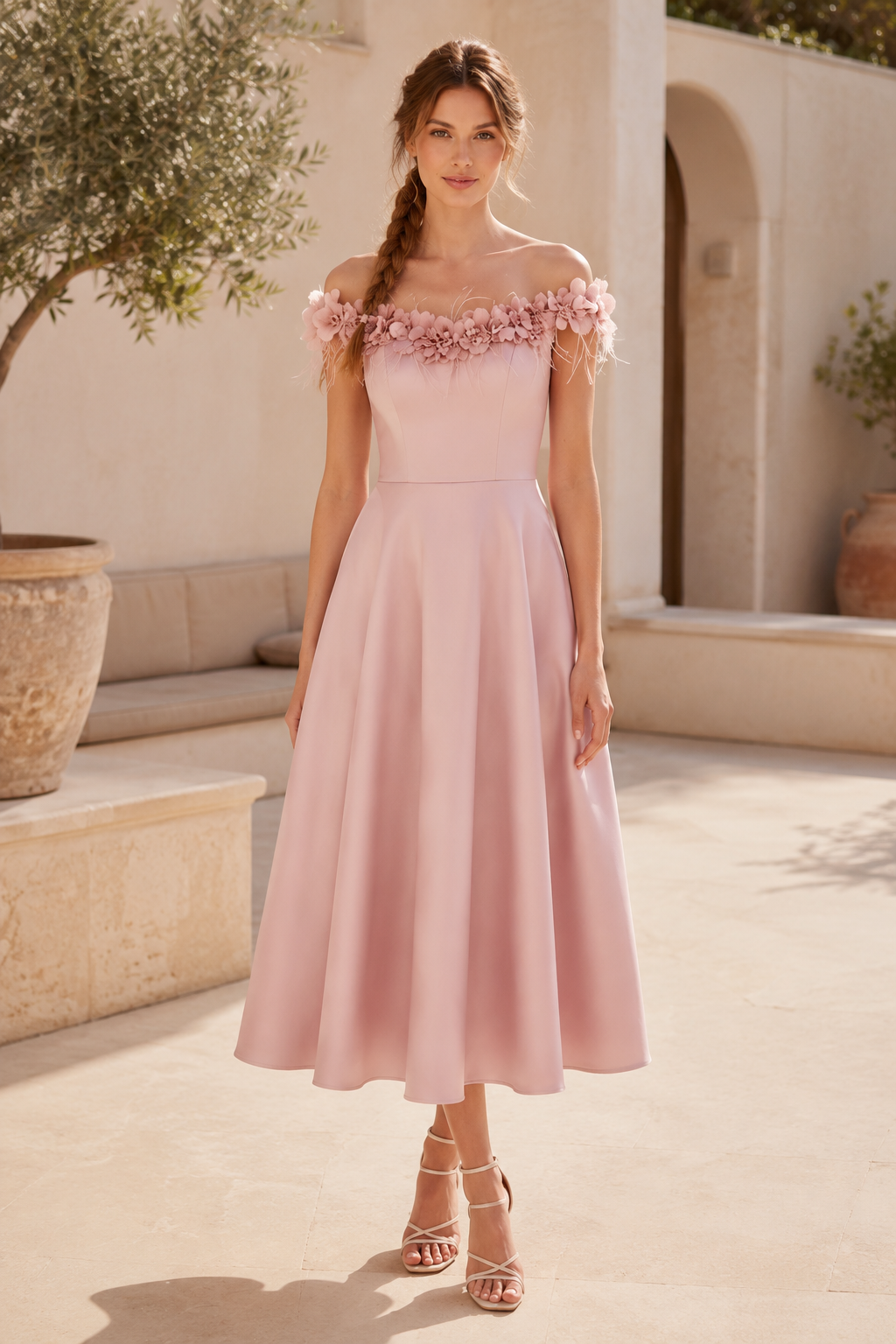 3D-florales schulterfreies Satin-Midikleid