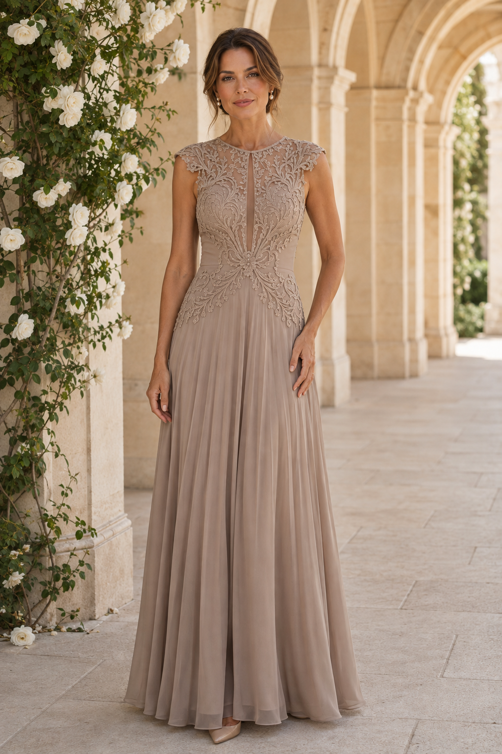 Lace Bodice Illusion Neckline A-Line Maxi Dress