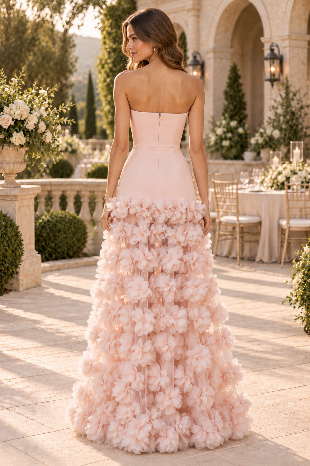 Strapless 3D Floral Applique Floor-Length Gown