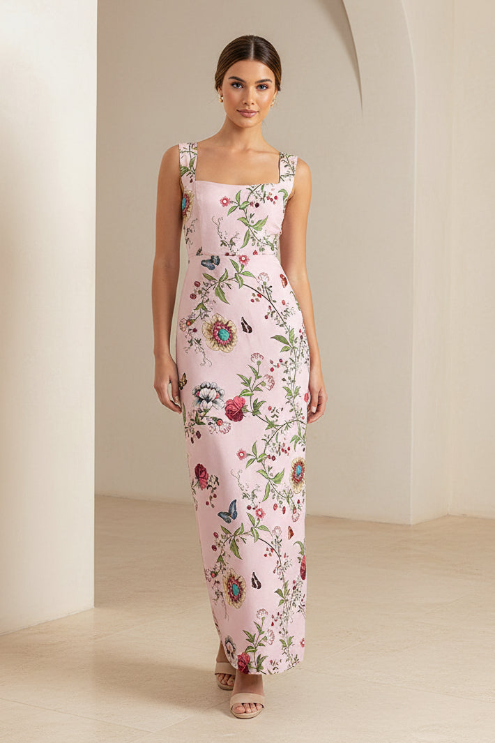 Maxikleid mit Blumenmuster, eckigem Ausschnitt und schmaler Silhouette