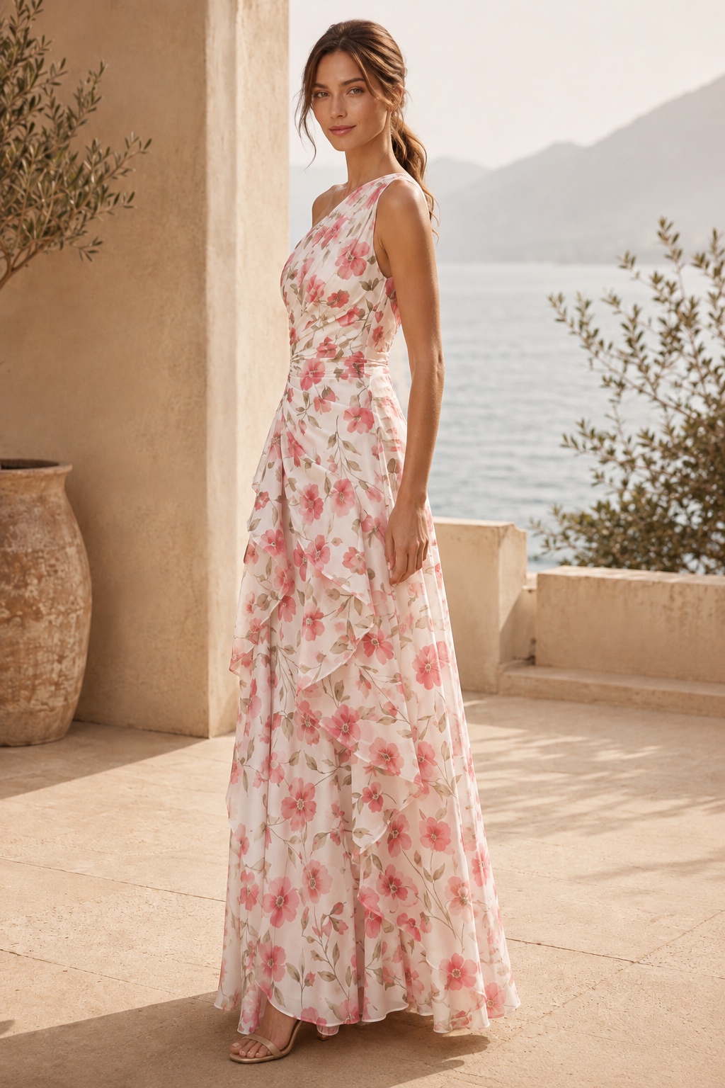 Maxikleid mit Blumenmuster, One-Shoulder und Wasserfall-Rüschen