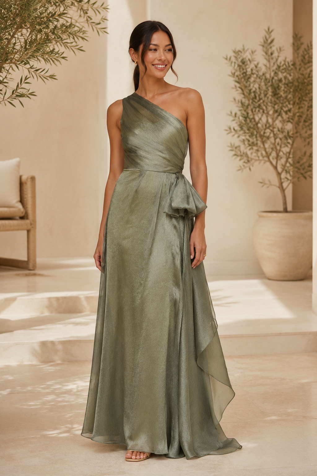 One-Shoulder-Abendkleid in A-Linie mit Faltenrock