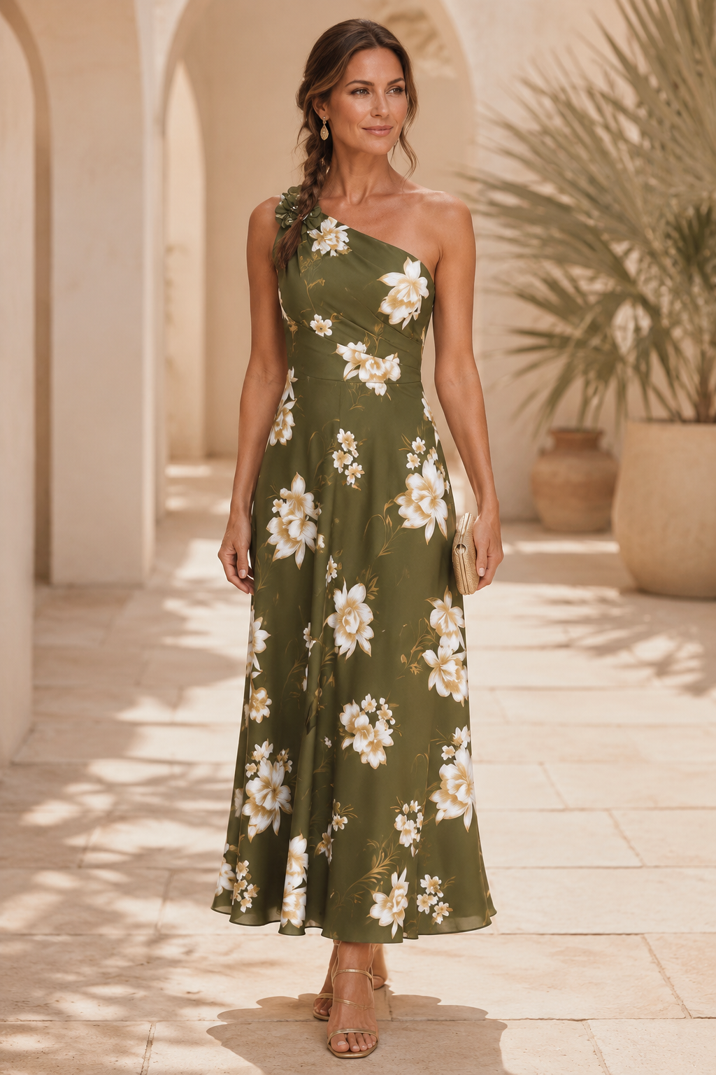 Blumen-Midikleid mit One-Shoulder-Träger und 3D-Blume