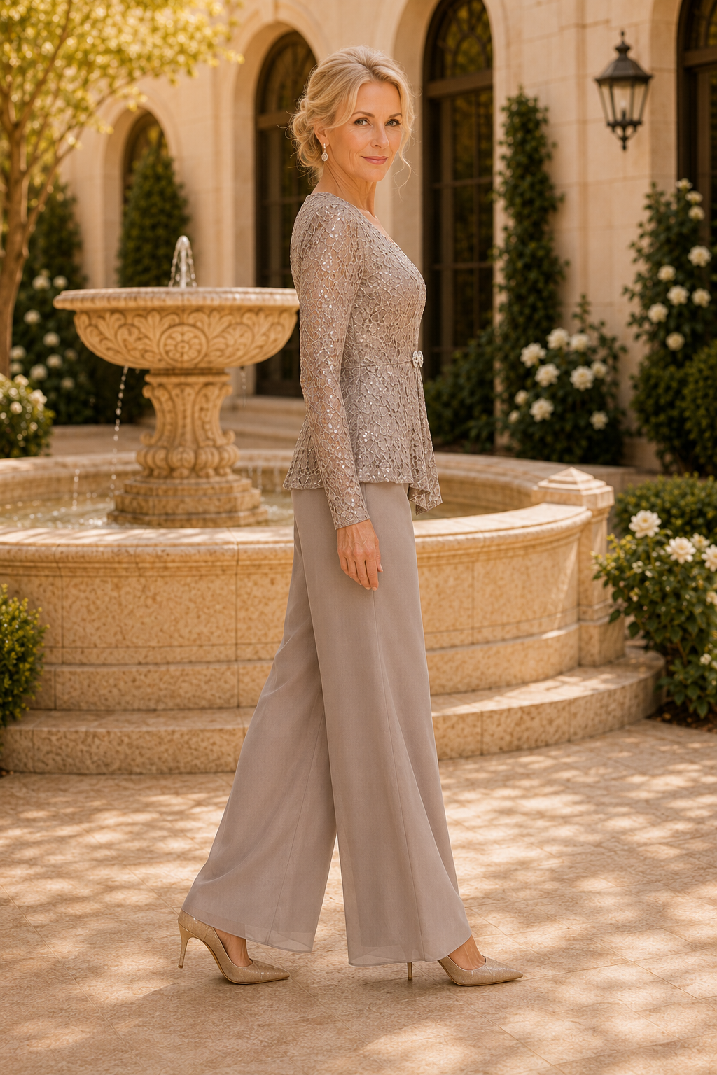 Pailletten-Spitze Langarm-Top und Weite Hose Overall