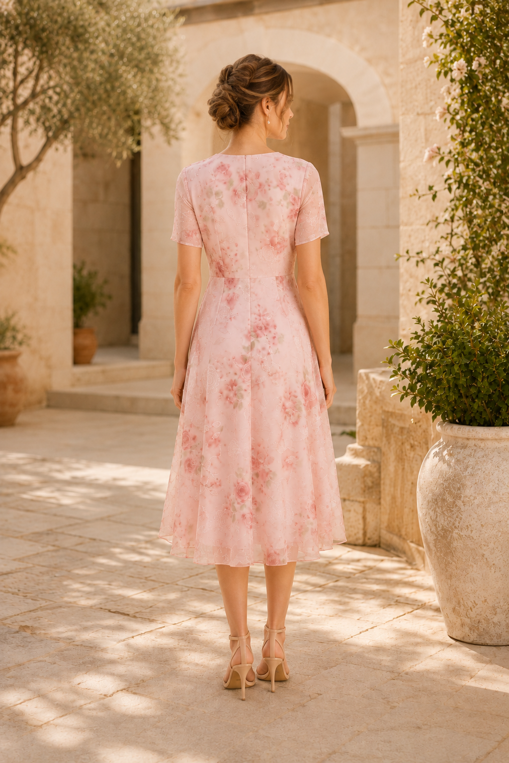 Geblümtes gestuftes Midikleid mit transparenter Jacke
