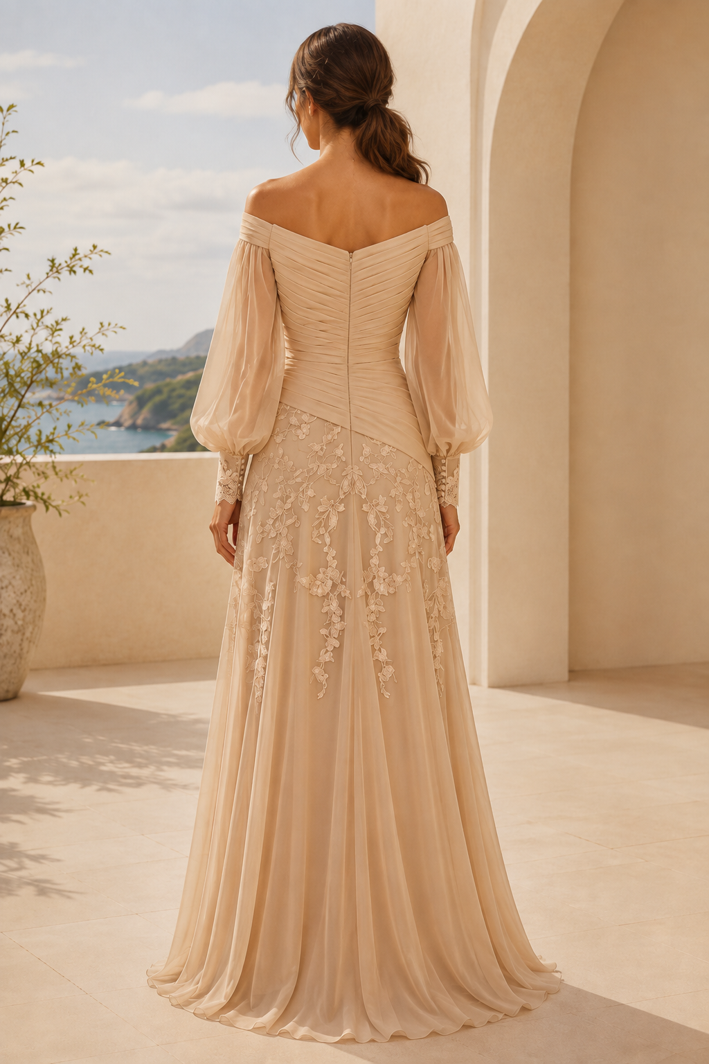 Carmen-Kleid mit Raffungen und Bischofsärmeln