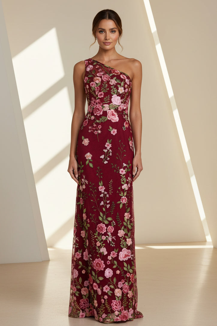 Besticktes florales One-Shoulder-Abendkleid