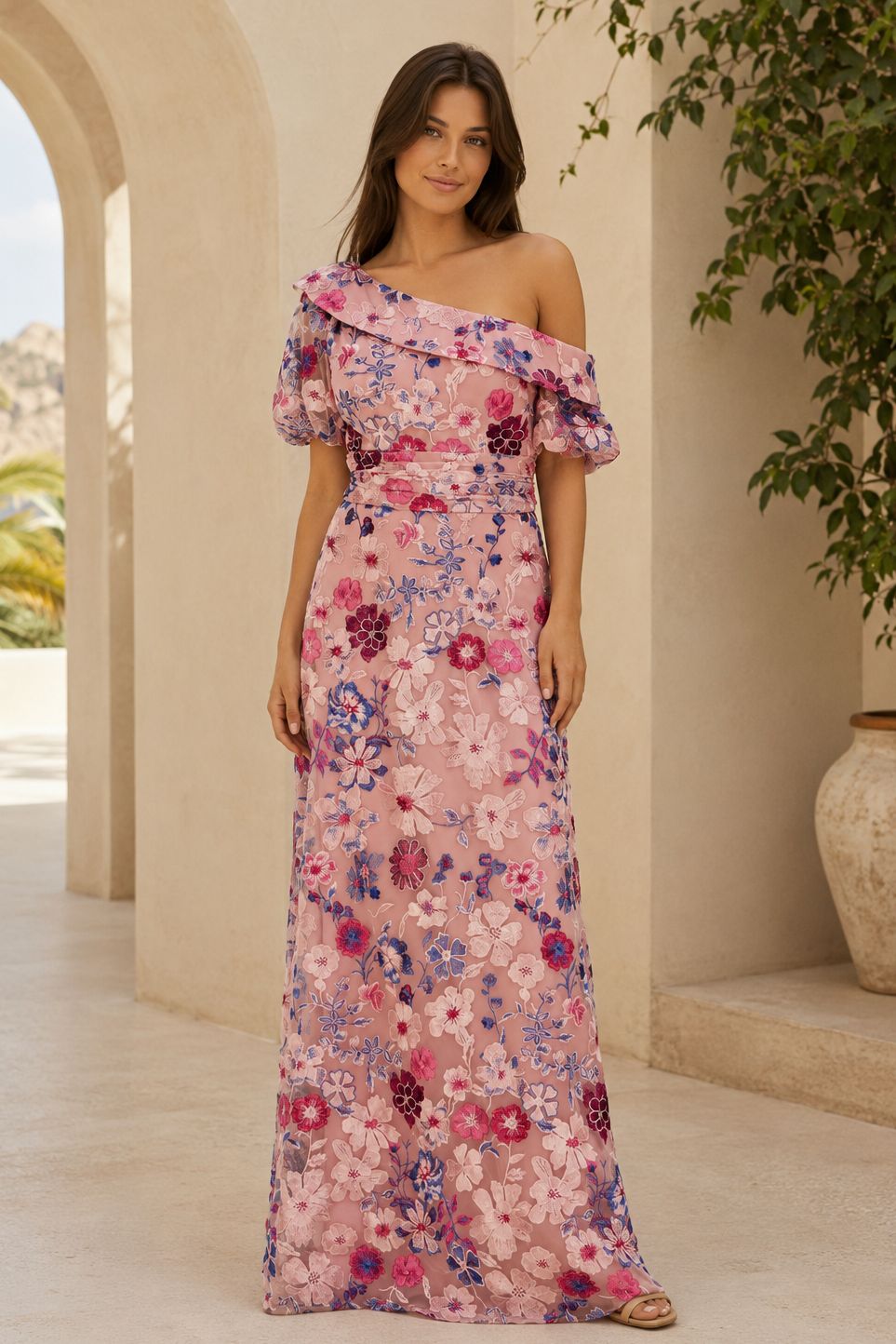 Ärmelloses Maxikleid mit Blumenstickerei