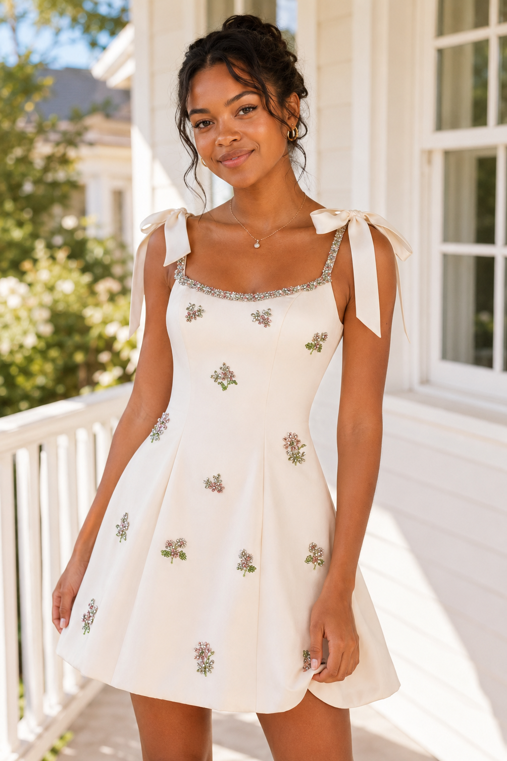 Minikleid im A-Linien-Schnitt mit Blumengrafik und Schleifenträgern