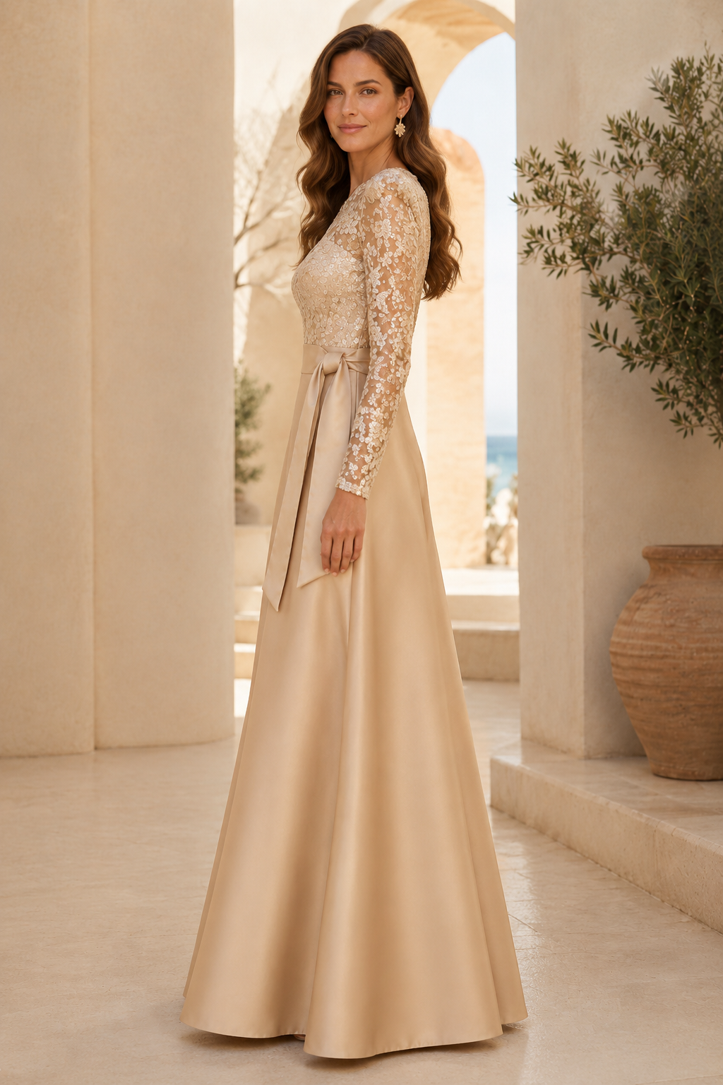 Langärmeliges Abendkleid in A-Linie mit Blumenstickerei