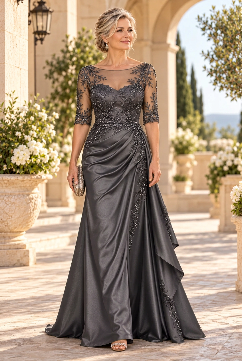 Embroidered Illusion Neckline Satin Gown