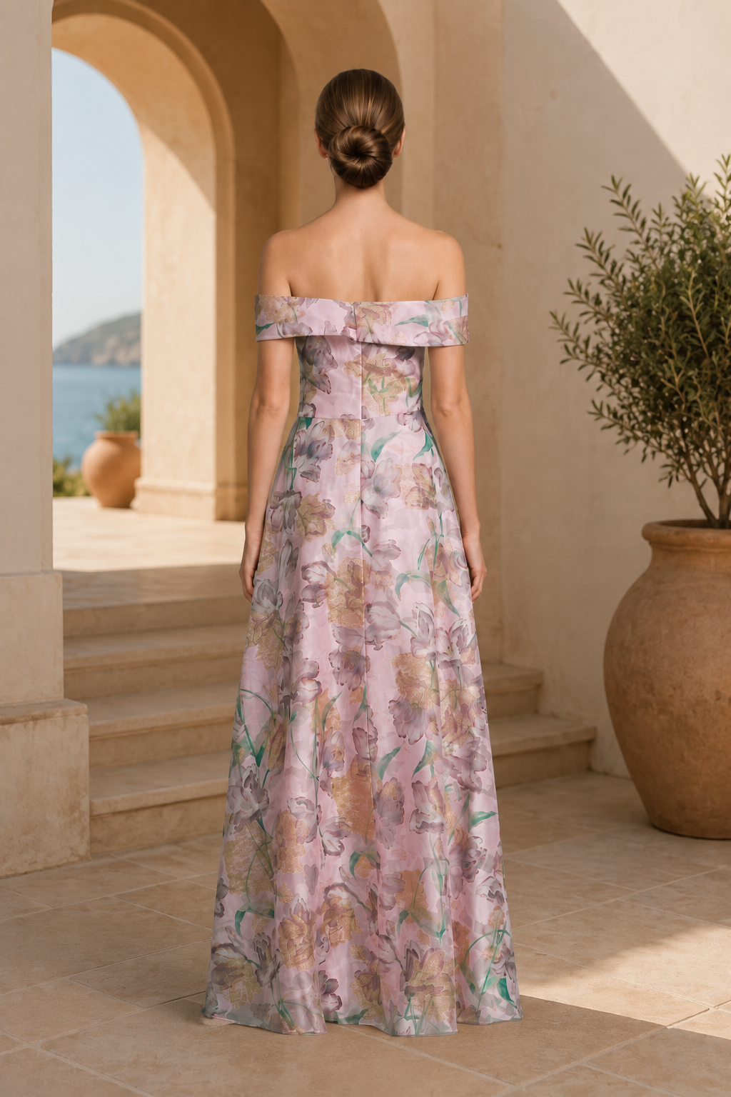 Ärmelloses Abendkleid in A-Linie mit Blumenmuster