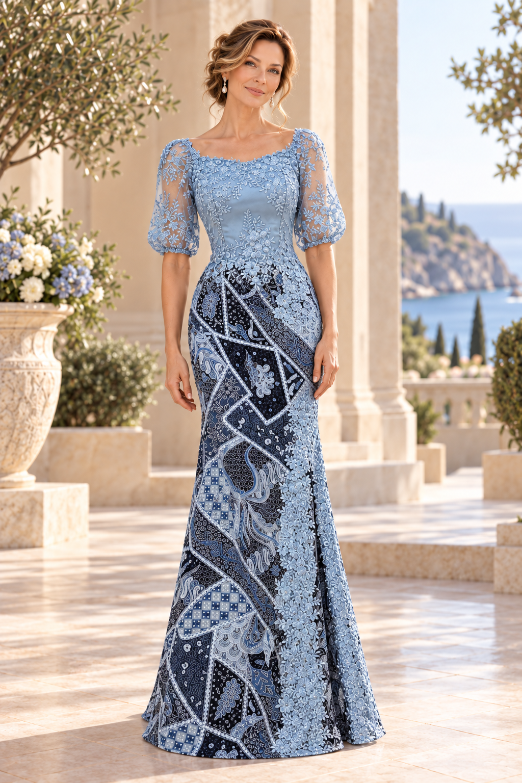 Embroidered Lace Patchwork Trumpet Gown