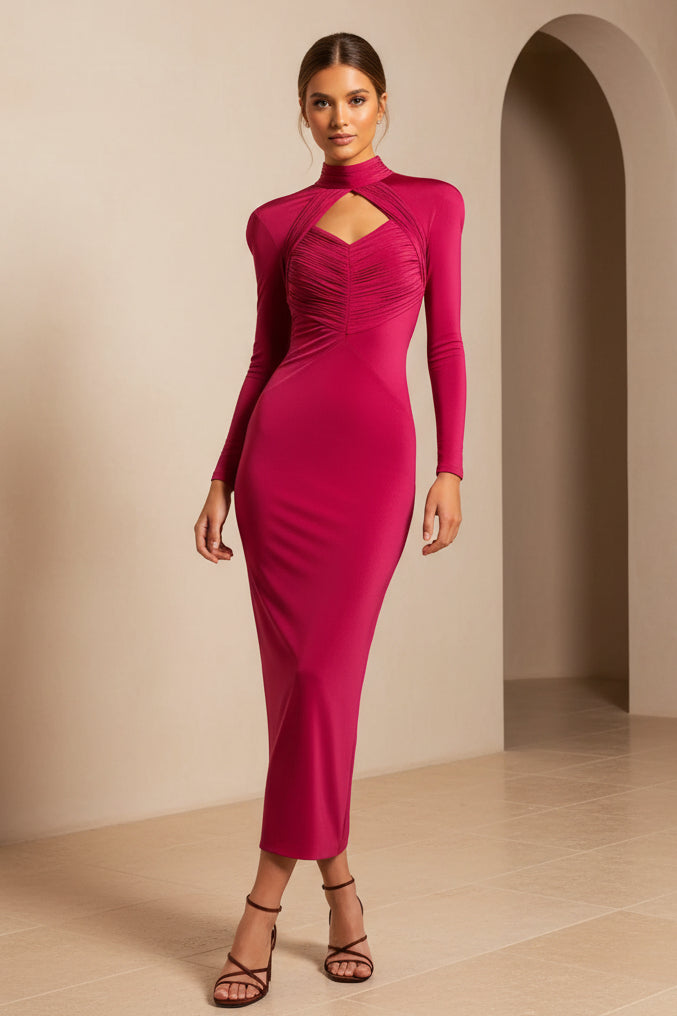 Hochgeschlossenes Keyhole-Bodycon-Midikleid mit langen Ärmeln
