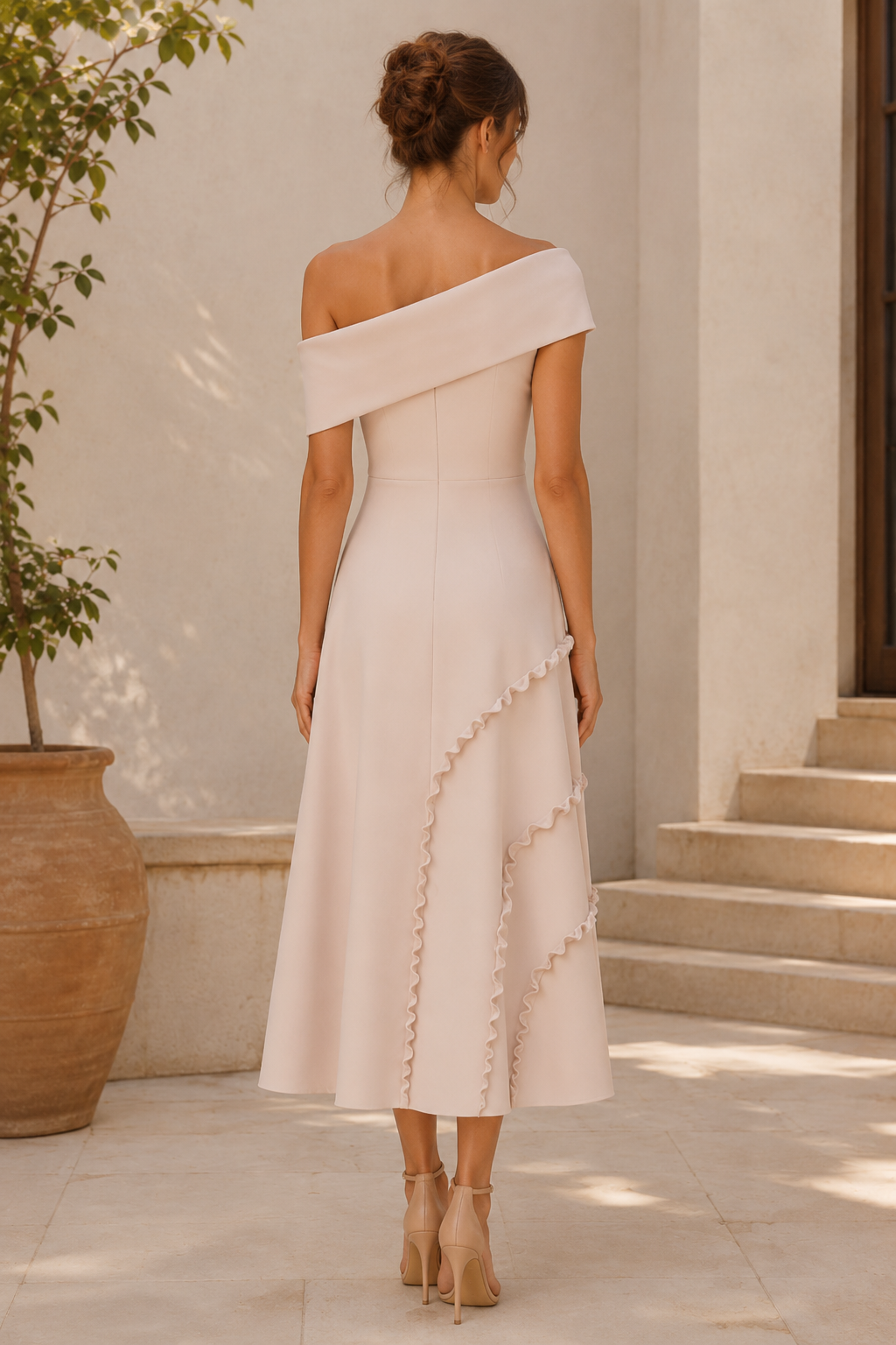 Asymmetrisches Midikleid mit gerafftem Kragen und Rüschennähten