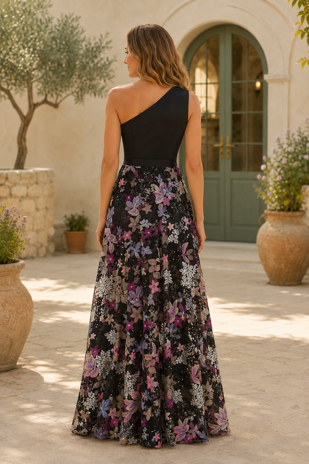 Blumen-Pailletten-Abendkleid mit einer Schulter