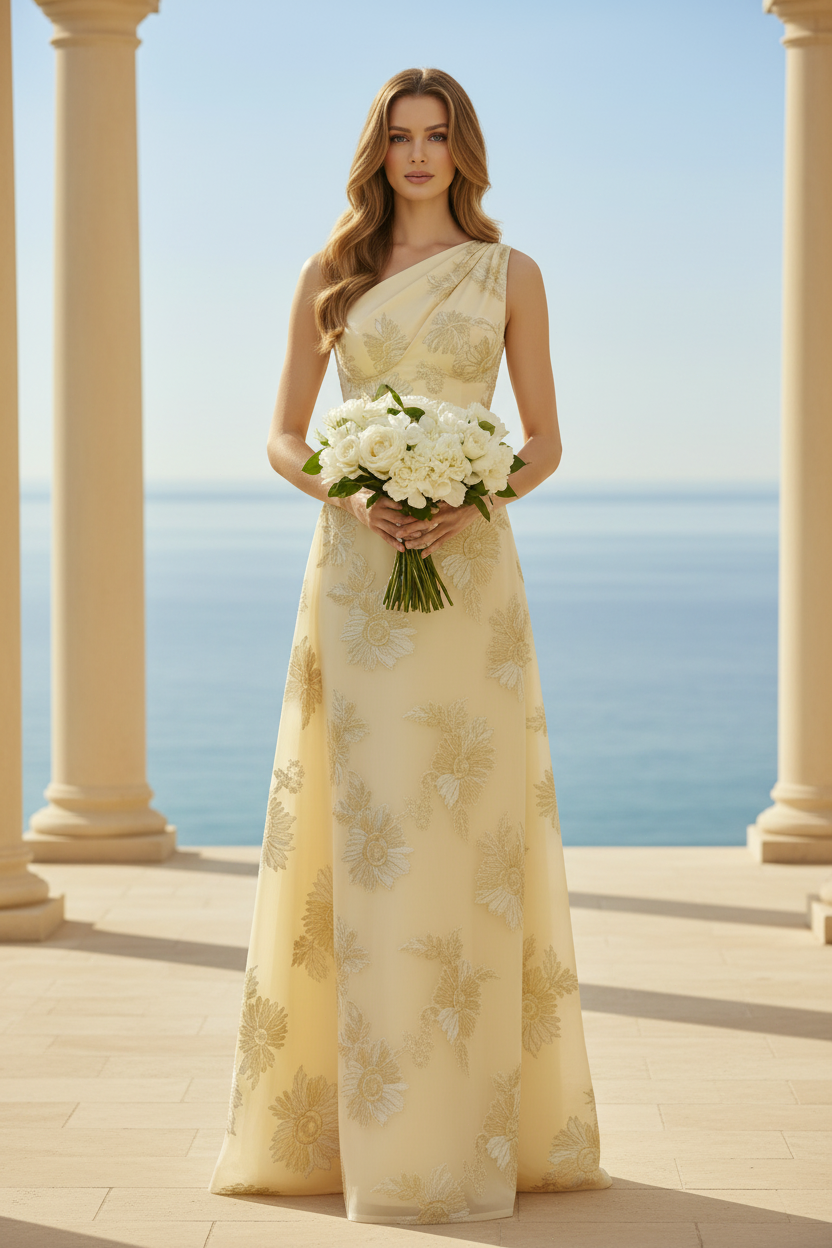 Asymmetrisches A-Linien-Abendkleid aus floralem Jacquard