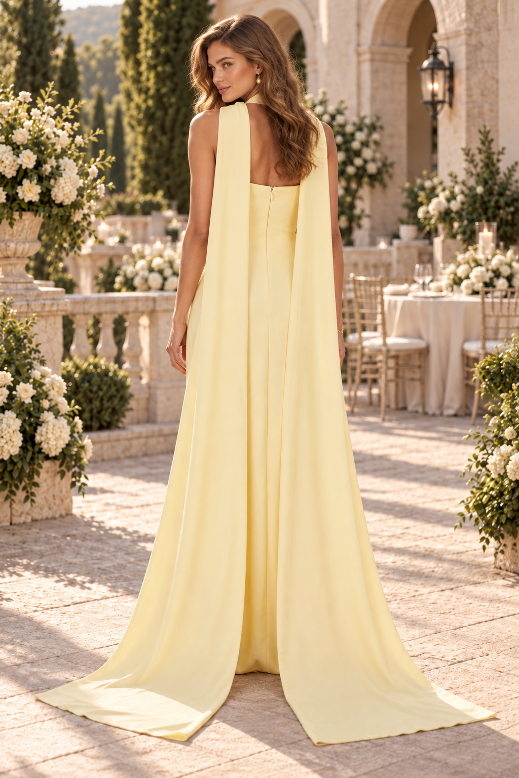 Strapless Beaded Bodice Gown with Cape Drape