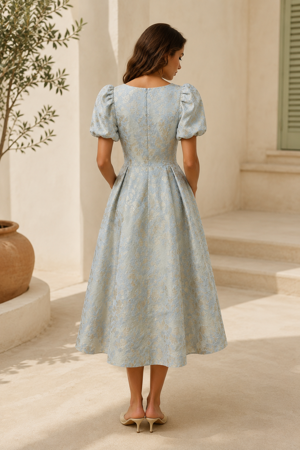 Jacquard Midikleid mit Puffärmeln und Taschen