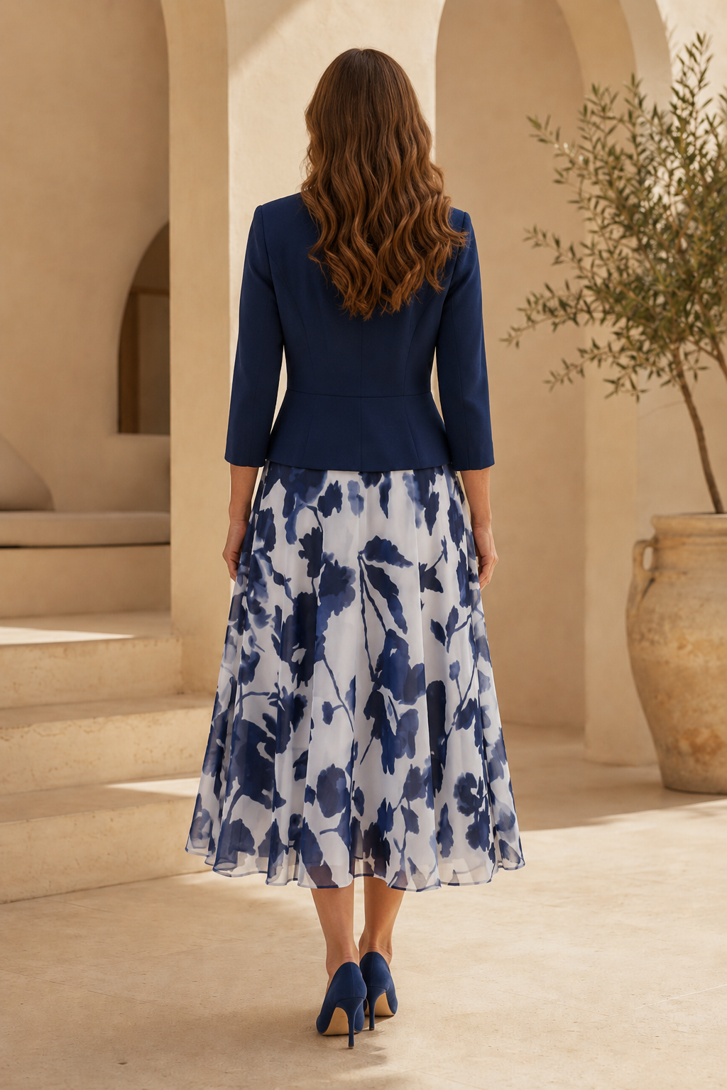 Florales Teelanges Kleid mit Schößchenjacke-Set