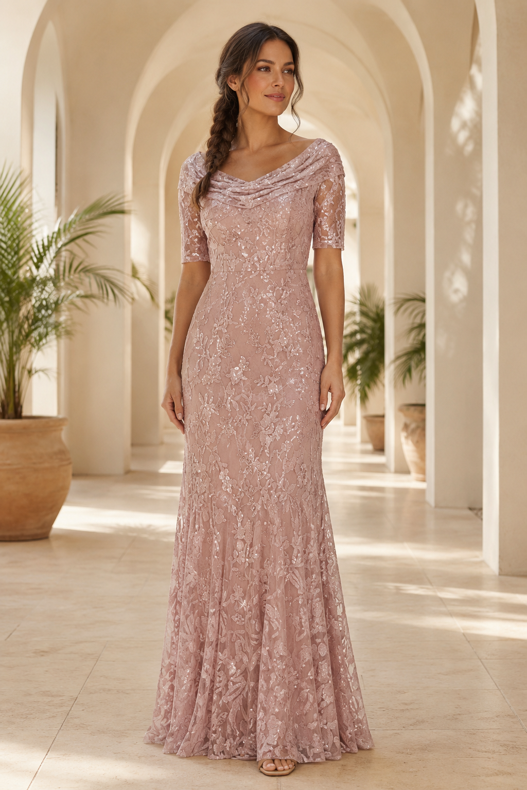 Abendkleid mit Wasserfallkragen und Meerjungfrauen-Spitze