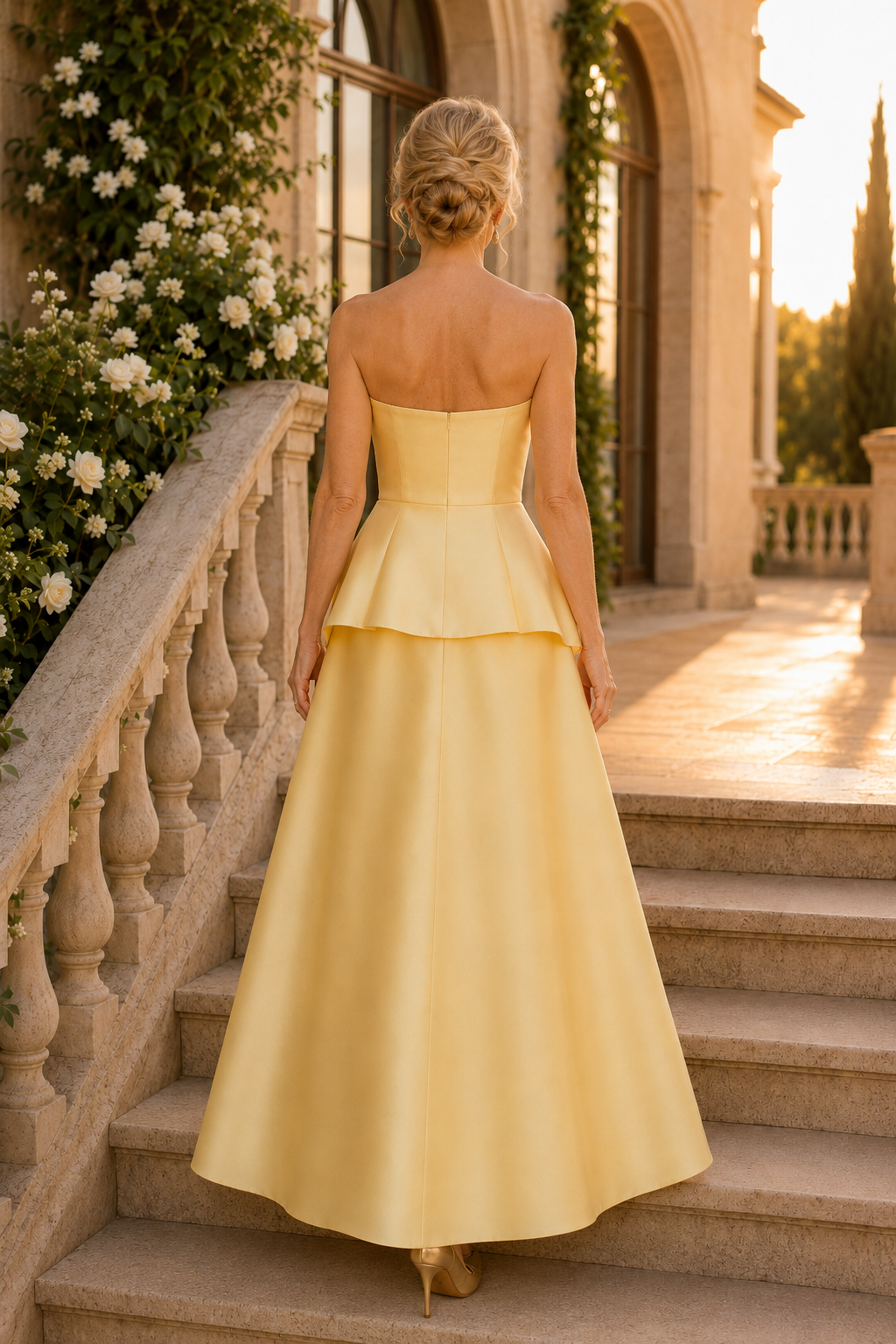 Trägerloses Peplum A-Linien Abendkleid
