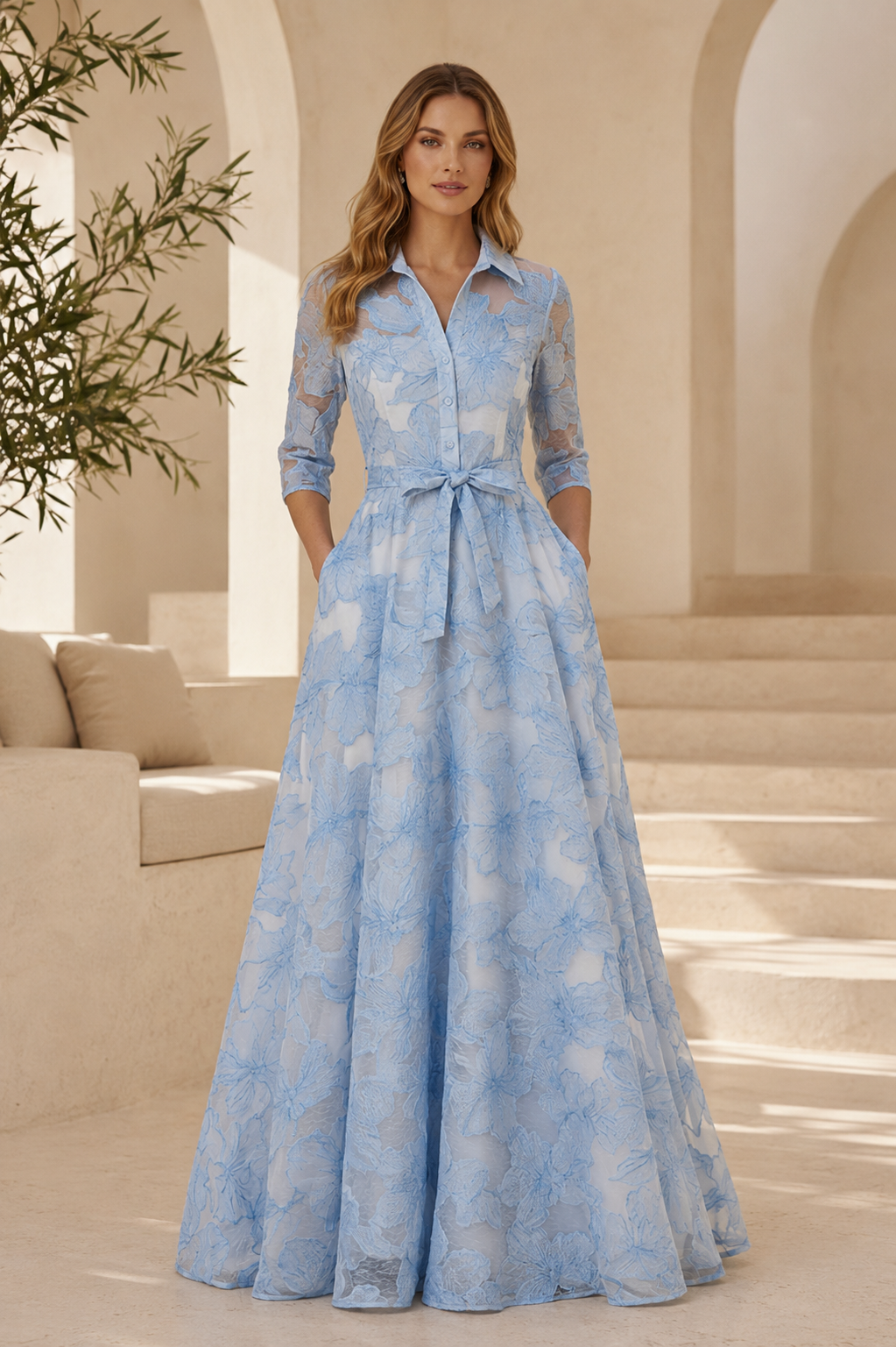 Geblümtes A-Linien-Kleid mit Kragen und 3/4-Ärmeln