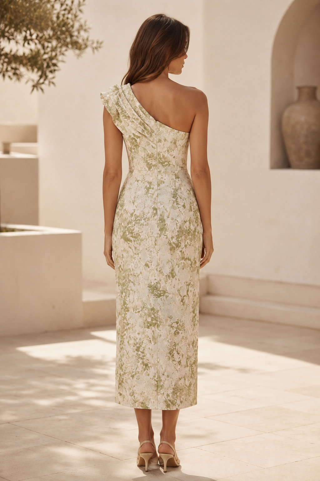 Ärmelloses Midikleid mit Blumenmuster und One-Shoulder-Träger