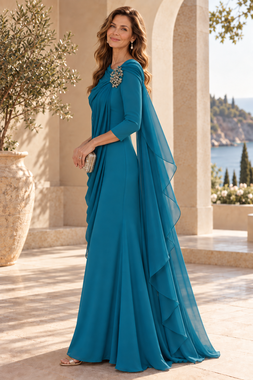 Draped Chiffon Gown with Brooch Accent