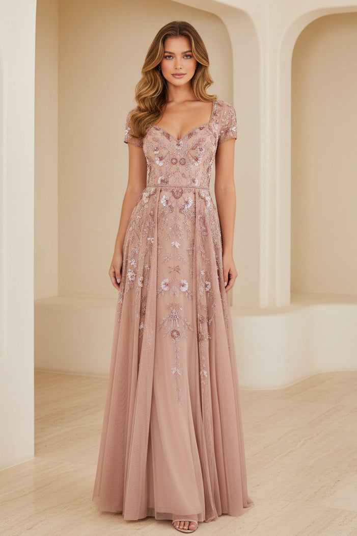 A-Linien Tüll Abendkleid mit Blumenstickerei